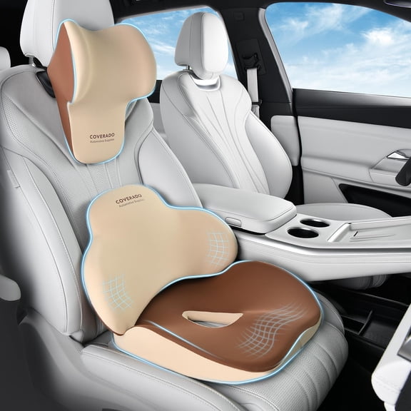 Car Seat Cushion and Lumbar Support Pillow One Piece, Memory Foam Ergonomic Back Support Driving Seat Cushion for Back Pain, Non-Slip Washable Cushion for Car, Driver, Office
