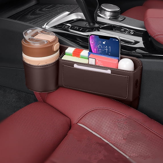 Car Seat Gap Organizer With Cup Holder,Leather Console Side Storage Box,Multifunctional Seat Slot Filler With Charging Port Hole,Vehicle Interior Phone Wallet Coin Storage Organizer