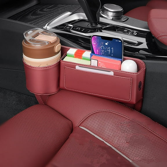 Car Seat Gap Organizer With Cup Holder,Leather Console Side Storage Box,Multifunctional Seat Slot Filler With Charging Port Hole,Vehicle Interior Phone Wallet Coin Storage Organizer