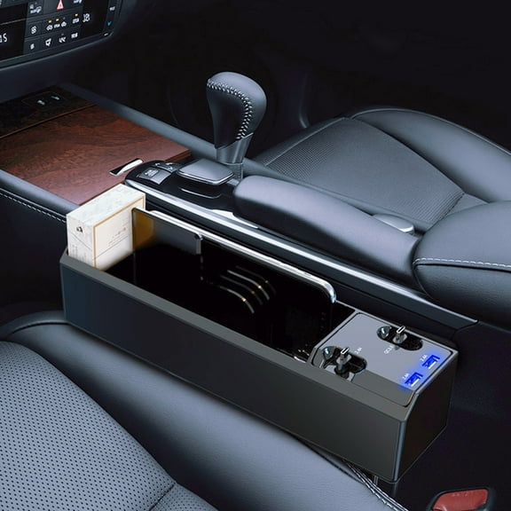 Car Seat Gap Storage Box with Built-In Car Charger, Multifunctional Organizer, Dual USB, Fast Charging QC3.0 and Type C Cable Management, Car Interior Accessories for Organization