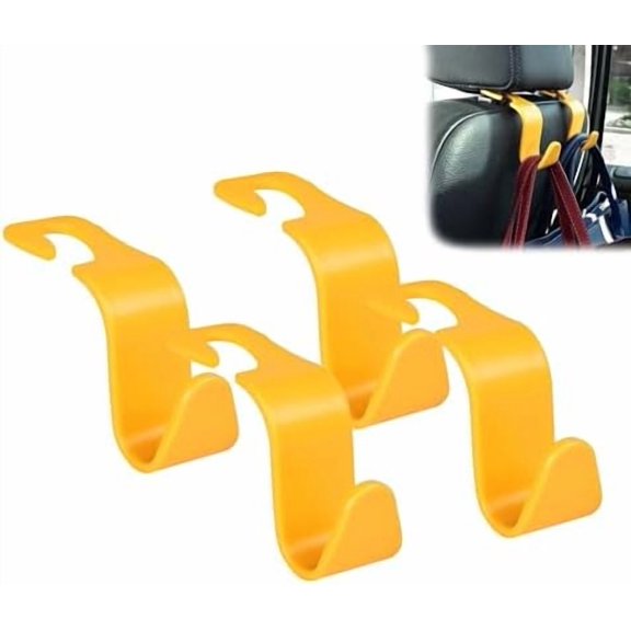 Car Seat Headrest Hook 4 Pack Hanger Universal Vehicle Car Storage Organizer for Handbag Purse Coat S Type Yellow