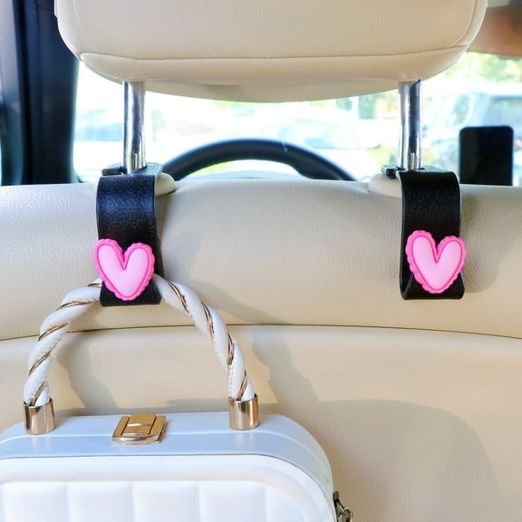 Car Seat Headrest Hook, Cute Heart Design Universal Vehicle Storage Organizer for Purses, Bag, Keys Auto Interior Decorations for Women Girls 2pcs (pink heart)
