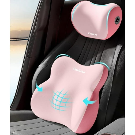 Car Seat Headrest and Lumbar Support kit, Ergonomic Memory Foam Neck Pillow and Back Cushion for Drivers, Suitable for Car/Office Chair/Gaming Chair - Pink