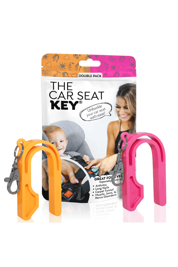 The Car Seat Key® Patented Car Seat Buckle Release Tool - Neon Orange & Neon Pink 2-Pack