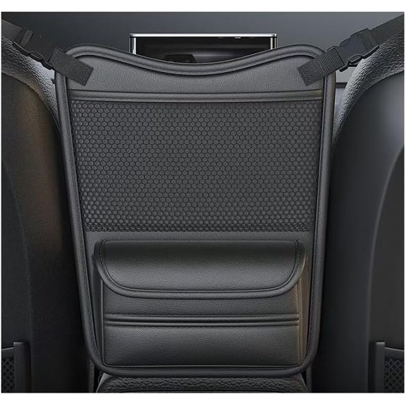 Car Seat Middle Hanging Organizer, PU Leather Car Console Storage Bag with Tissue Holder Mesh Pocket for Vehicle Interior Accessories
