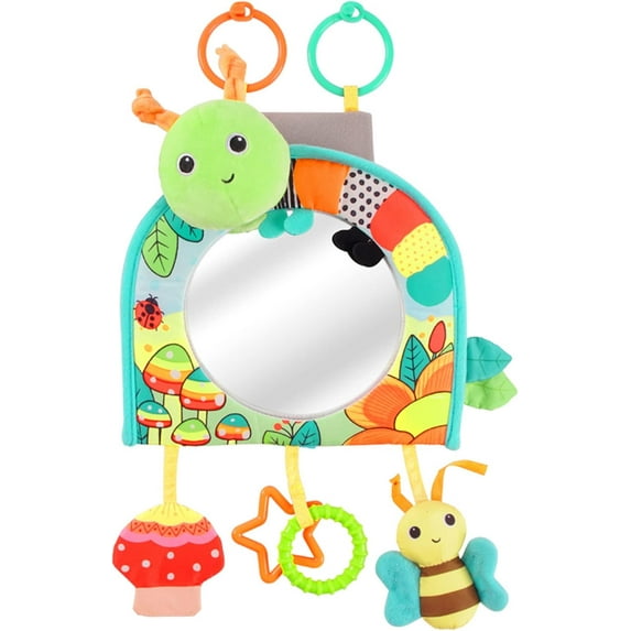 Car Seat Mirror for Baby Rear Facing, Interactive Safe Soft Toy with Crinkle Paper & Teether, Educational Sensory Travel Activity Center for Tummy Time, Infant Toys for 0-6-12-18 Months Boys Girls