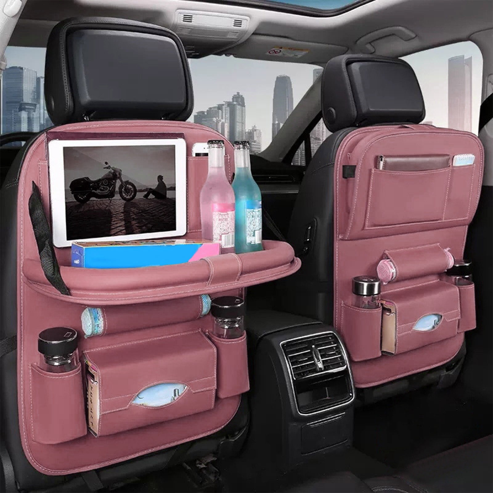 Car Seat Organizer - 24.4"x16.53" PU Leather Backseat Storage Bag with Folding Tray, Multifunctional for Phone Food Toys and Road Trip Organization