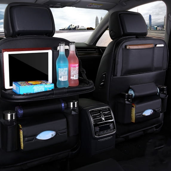 Car Seat Organizer - 24.4"x16.53" PU Leather Backseat Storage Bag with Folding Tray, Multifunctional for Phone Food Toys and Road Trip Organization