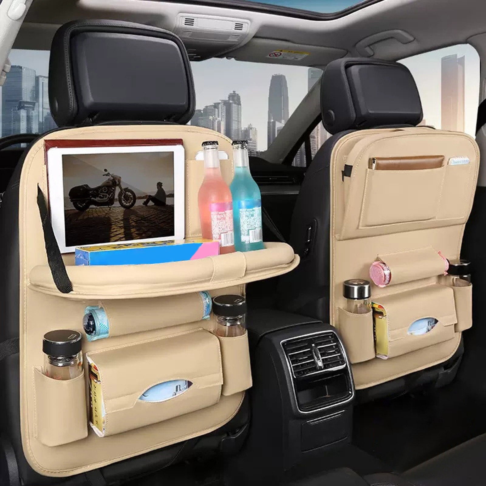 Car Seat Organizer - 24.4"x16.53" PU Leather Backseat Storage Bag with Folding Tray, Multifunctional for Phone Food Toys and Road Trip Organization