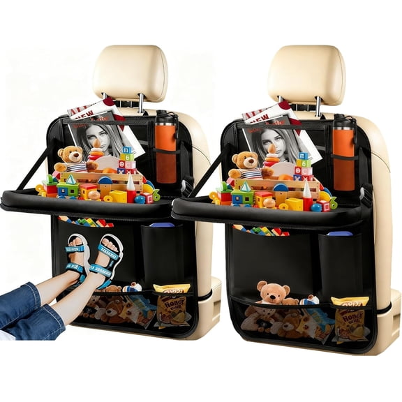 Car Seat Organizer Black, Car Seat Protector Road Trip Essentials for Kids, 10 Storage Pockets and Tablet Holder, Travel Accessories (2 Pack)