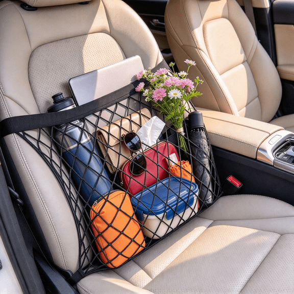 XHJRI Car Seat Organizer Car Seat Net and Car Net Front Seat Organizer - Elastic Net Holds Most Sizes and Shapes Car Organizer Front Seat Organizer - Car Purse Holder