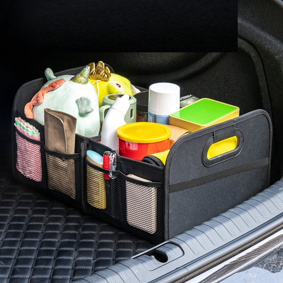 Car Seat Organizer with Cup Holders Foldable Storage Box, Large Capacity Back Seat Container, Multi-Functional Auto Trunk Organizer, 12x9.8x9.8", Black