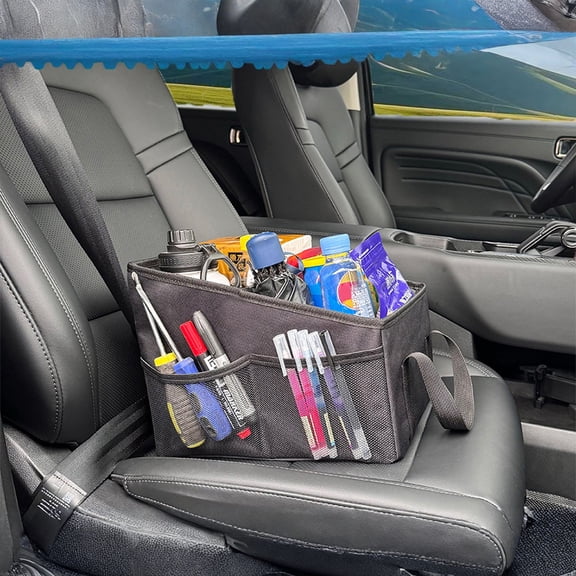 Car Seat Organizer with Cup Holders Foldable Storage Box, Large Capacity Back Seat Container, Multi-Functional Auto Trunk Organizer, 12x9.8x9.8", White