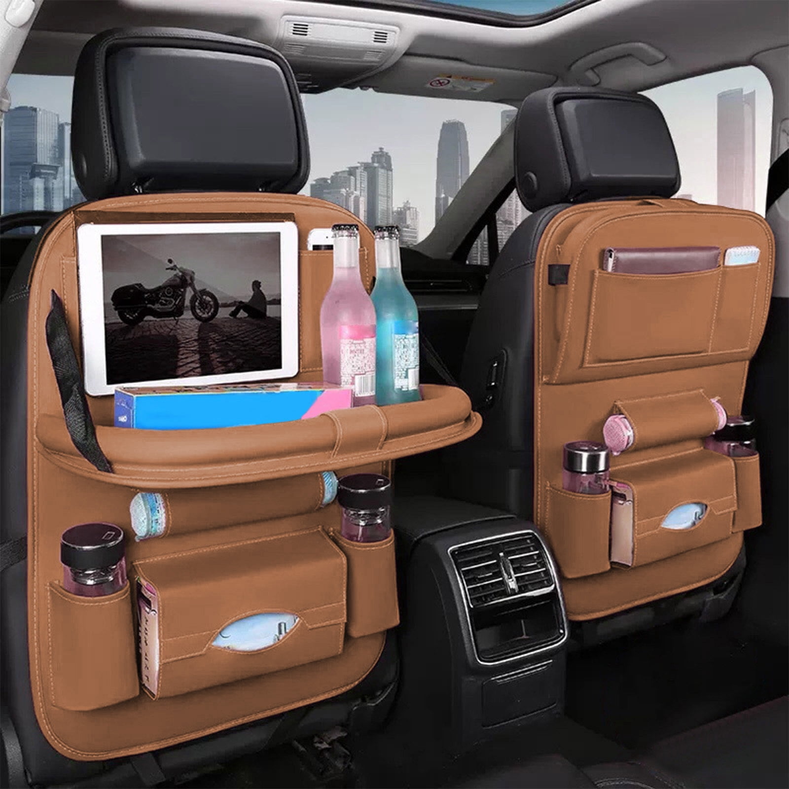 Car Seat Organizer, Czzoypi Durable PU Leather Backseat Storage Bag, Folding Tray Table Quick Install Car Organizer for Phones Bottles Toys, Brown