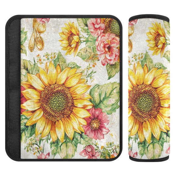 Car Seat Strap & Belt Covers - Flannel Material, Velcro Design, All-Season Use, 2-Piece Set (S&M Sizes)，A Beautiful Sunflower