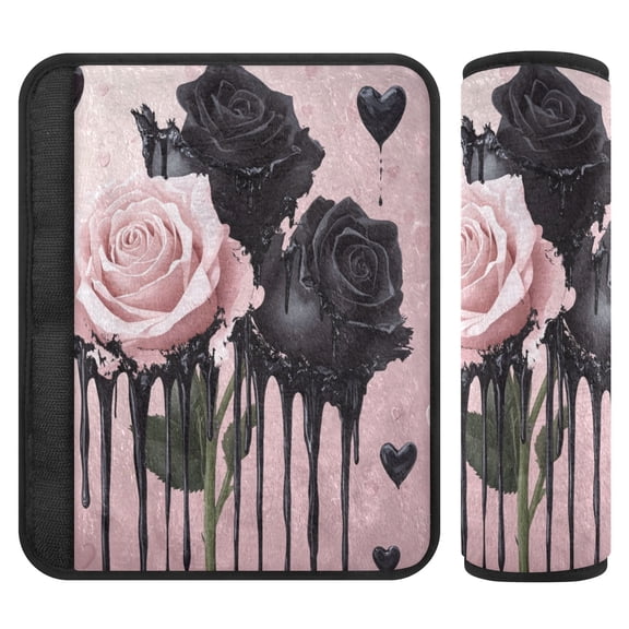 Car Seat Strap & Belt Covers - Flannel Material, Velcro Design, All-Season Use, 2-Piece Set (S&M Sizes)，Black and Pink Roses