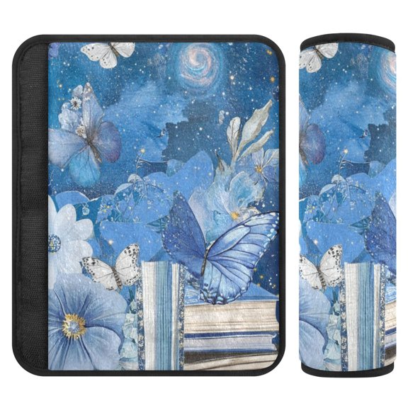 Car Seat Strap & Belt Covers - Flannel Material, Velcro Design, All-Season Use, 2-Piece Set (S&M Sizes),Many Blue Butterflies