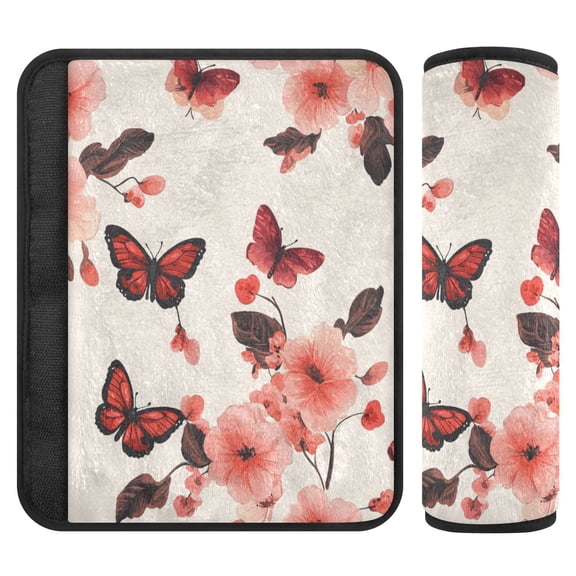 Car Seat Strap & Belt Covers - Flannel Material, Velcro Design, All-Season Use, 2-Piece Set (S&M Sizes)，Many Red Butterfly