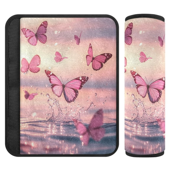 Car Seat Strap & Belt Covers - Flannel Material, Velcro Design, All-Season Use, 2-Piece Set (S&M Sizes)，Pink Butterflies