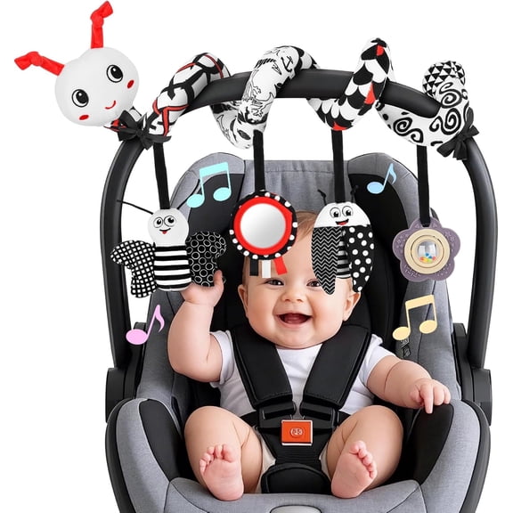 Car Seat Toys for Babies, 0-6 Months Stroller Activity Black White Baby Spiral Plush Toys Newborn High Contrast Sensory Carseat Toys with 4 Pendants Hanging Boys Girls Gift