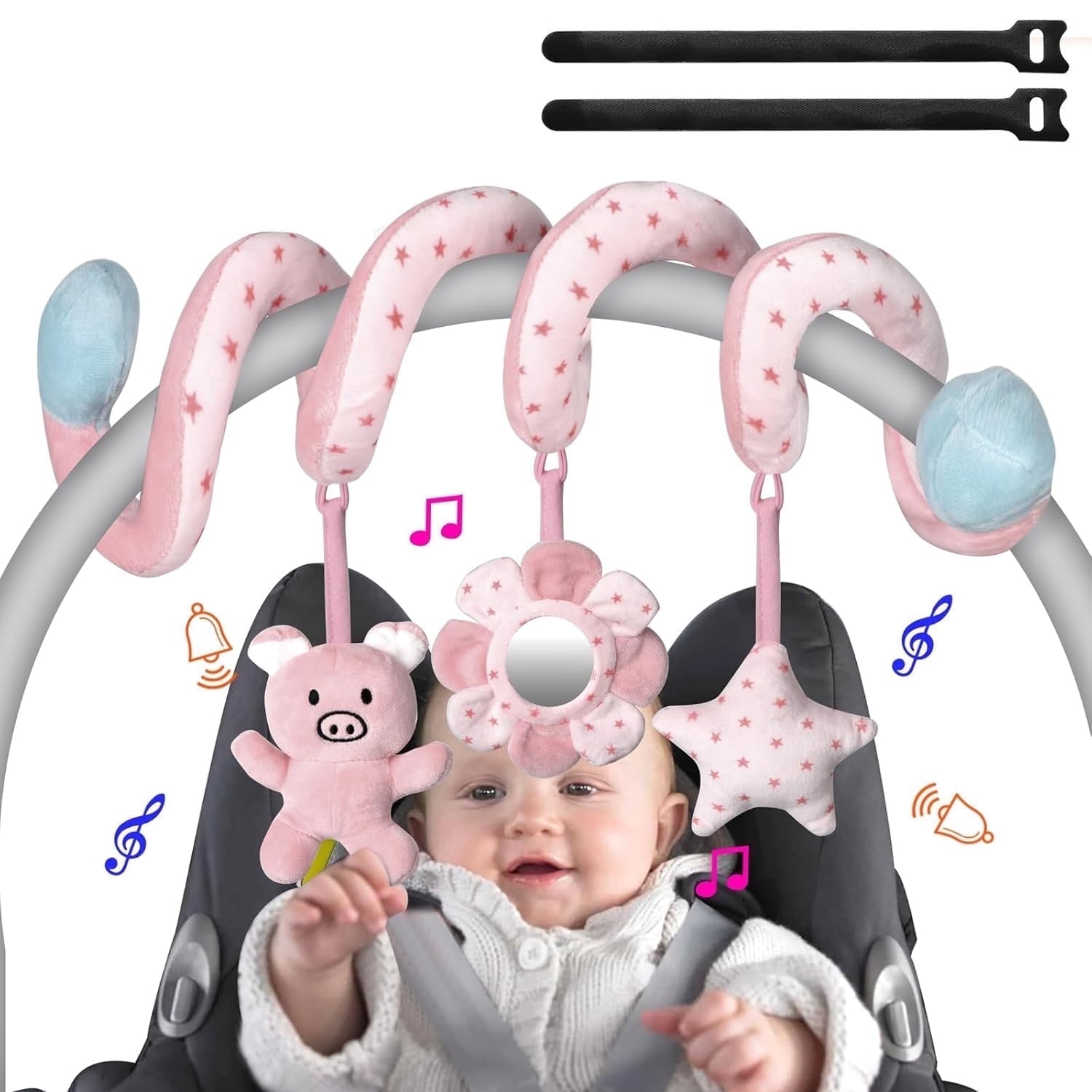 Car Seat Toys for Baby 0-6 Months, Pink Piggy Spiral Plush Toy for Crib Carseat with Mirror Rattles Baby Essentials