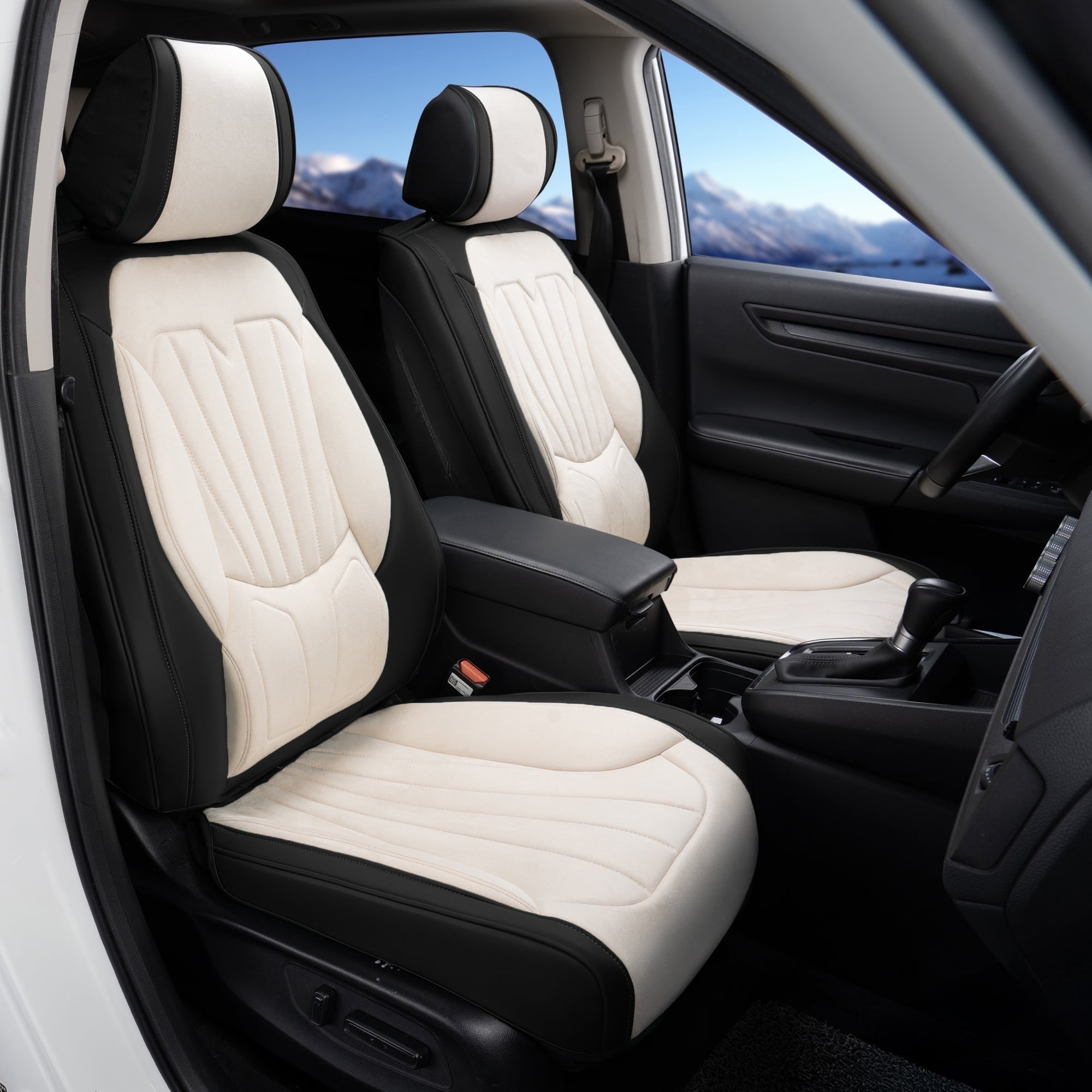 Caromop Universal Car Seat Covers Full Set,3D Foam Support in Velvet & PU Leather,Armrest Compatible for Cars, Trucks, SUVs (Beige/Black)