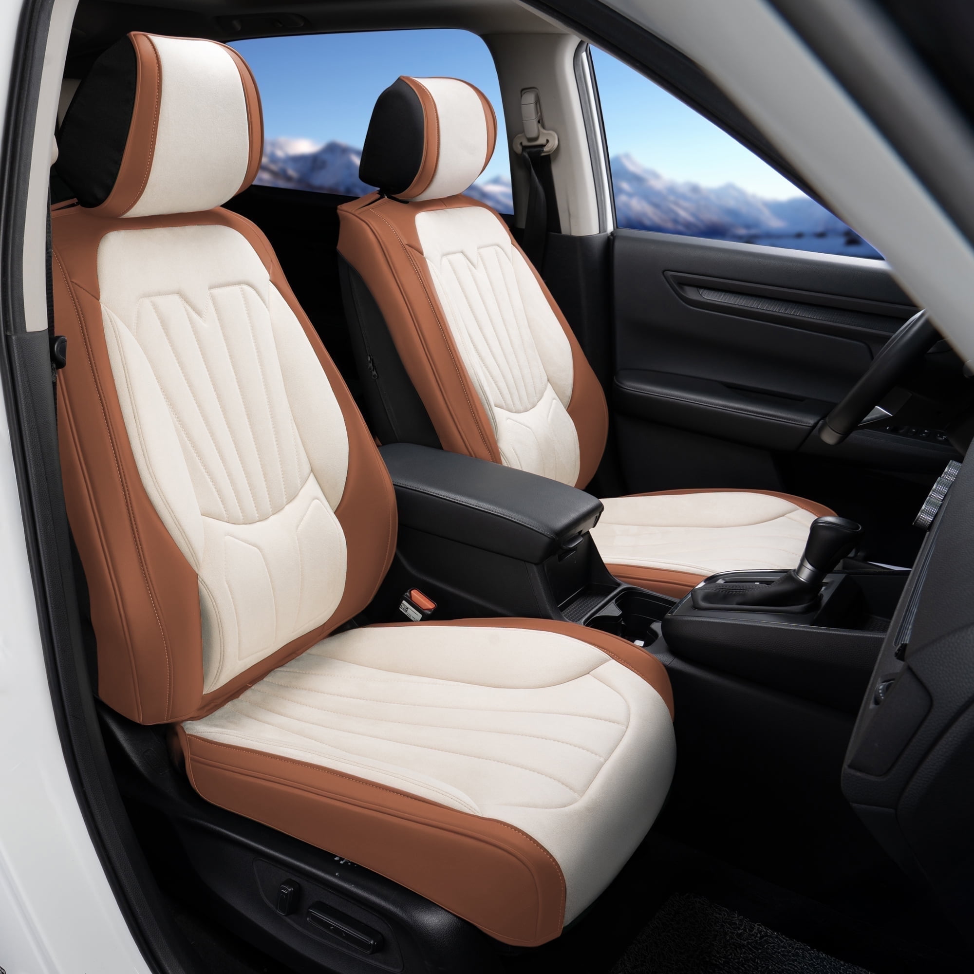 Caromop Universal Car Seat Covers Full Set,3D Foam Support in Velvet & PU Leather,Armrest Compatible for Cars, Trucks, SUVs (Beige/Brown)