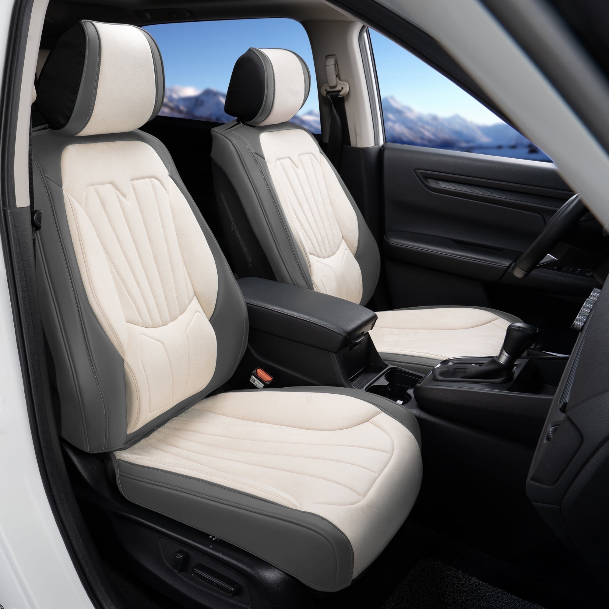 Caromop Universal Car Seat Covers Full Set,3D Foam Support in Velvet & PU Leather,Armrest Compatible for Cars, Trucks, SUVs (Beige/Gray)