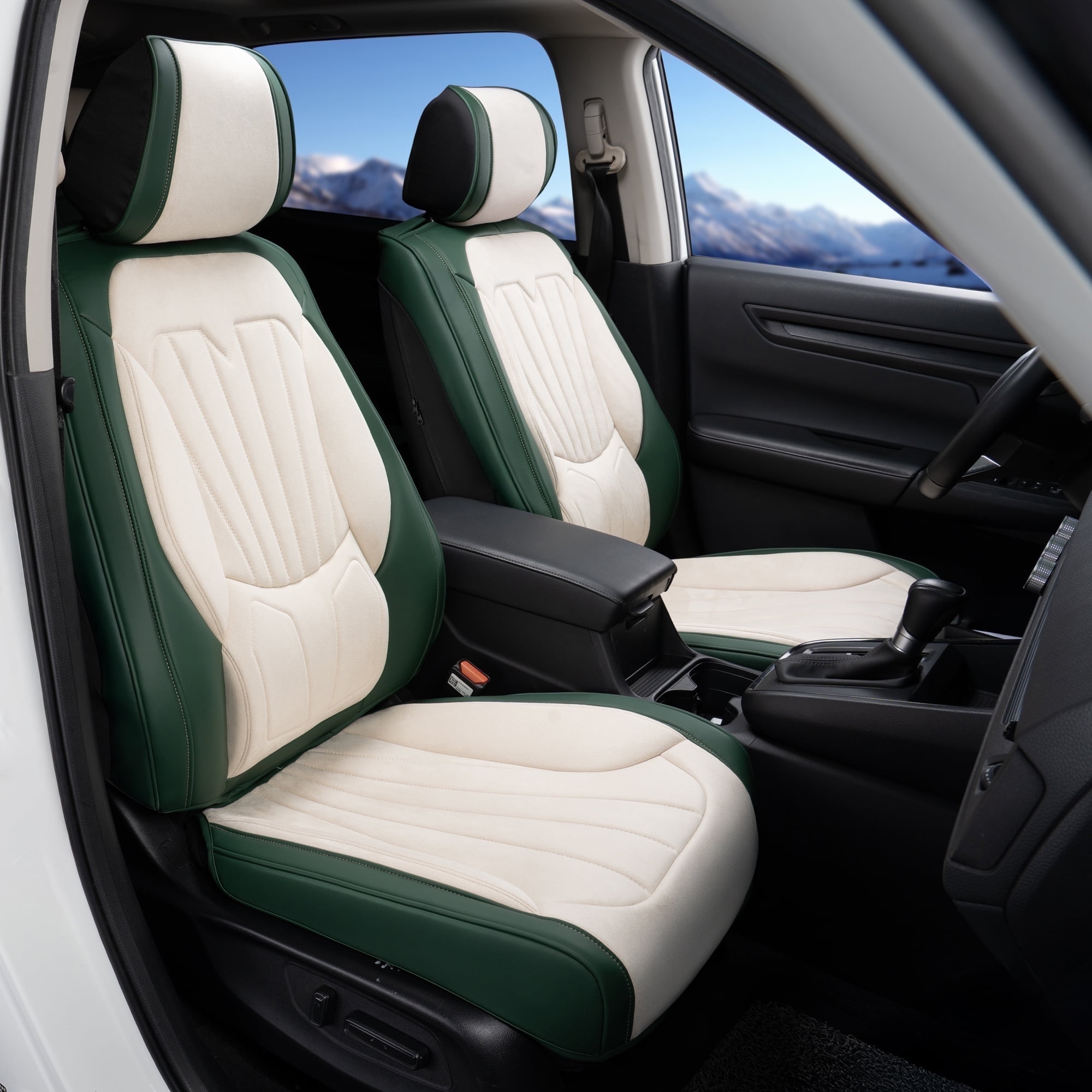 Caromop Universal Car Seat Covers Full Set,3D Foam Support in Velvet & PU Leather,Armrest Compatible for Cars, Trucks, SUVs (Beige/Green)