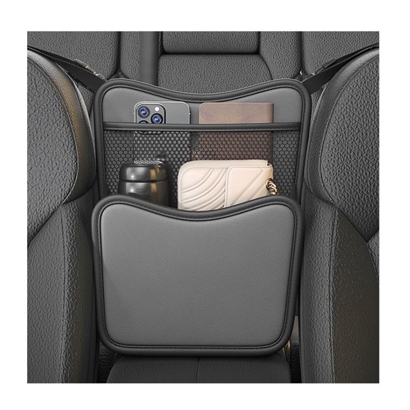 Car Between Seats Handbag Holder, Nappa Leather Auto Console Storage Pocket, Large Capacity Purse Organizer for Documents & Phone, Car Interior Accessories, Gray