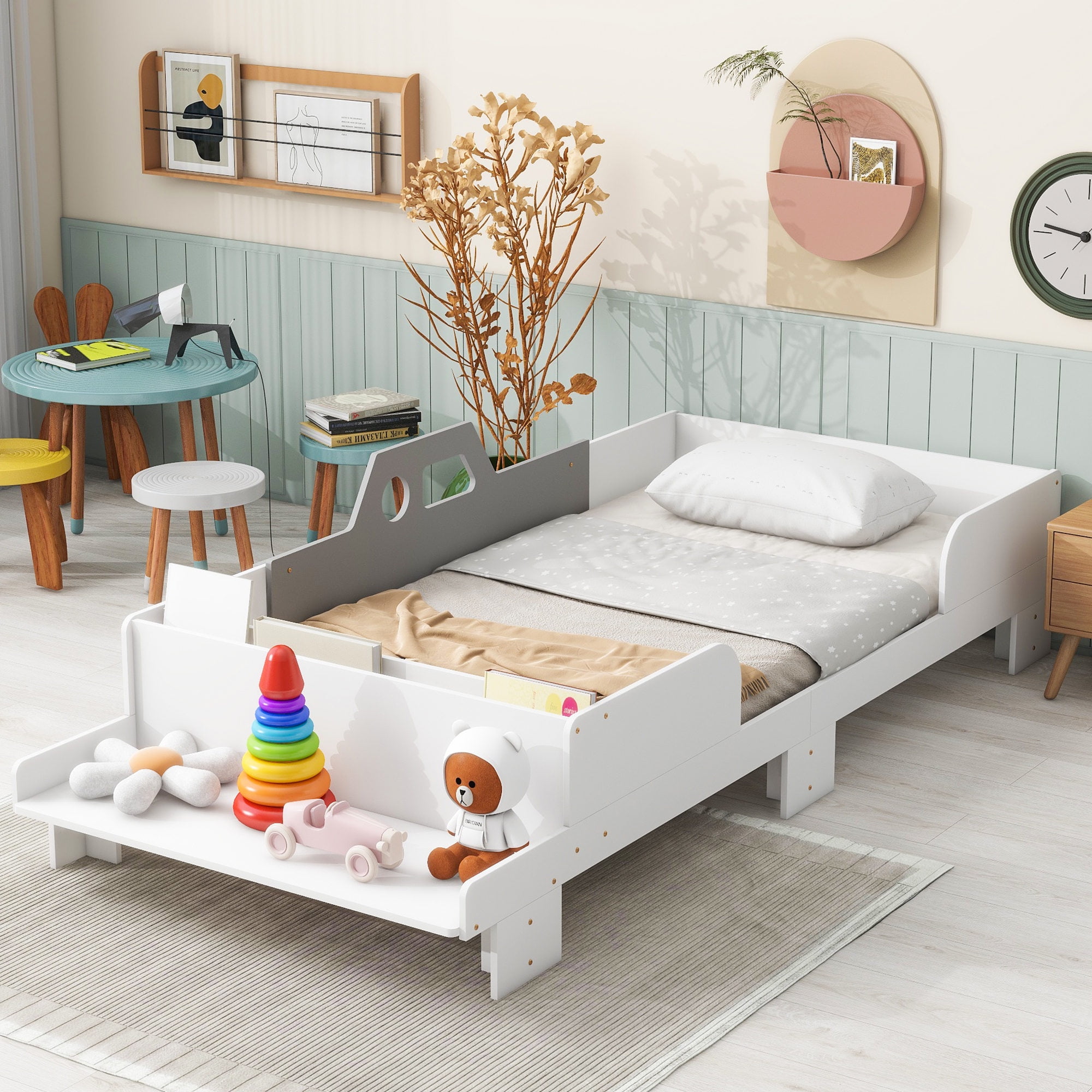 CarShaped Kids Bed with Storage Bench,Twin Bed with Book Storage