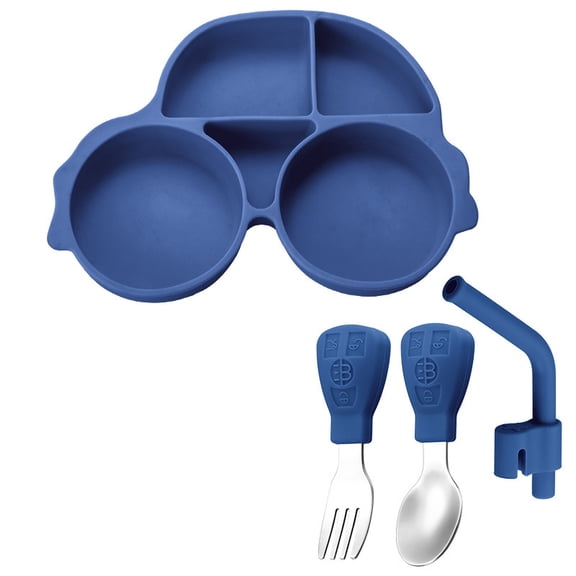 Car Shaped Plate Straight Spoon Fork and Straw Set, Silicone Divided Dinner Plate, Stainless Steel Utensils, Toddler Child Children Kids Snack Meal Plate Feeding