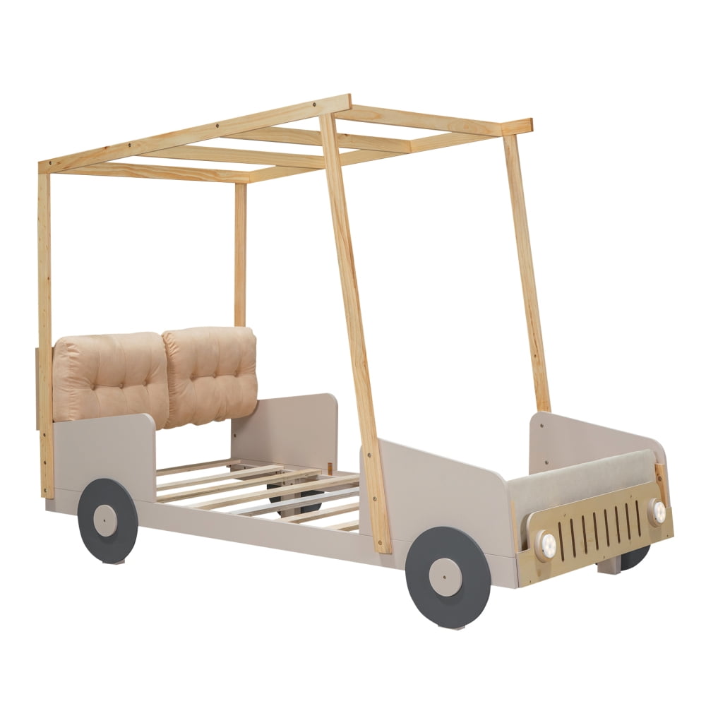 Car Shaped Platform Bed Frame for Kids with Headboard, Pillow, Ceiling Cloth and LED Light, Twin Size Wood Car Bed with Canopy Frame