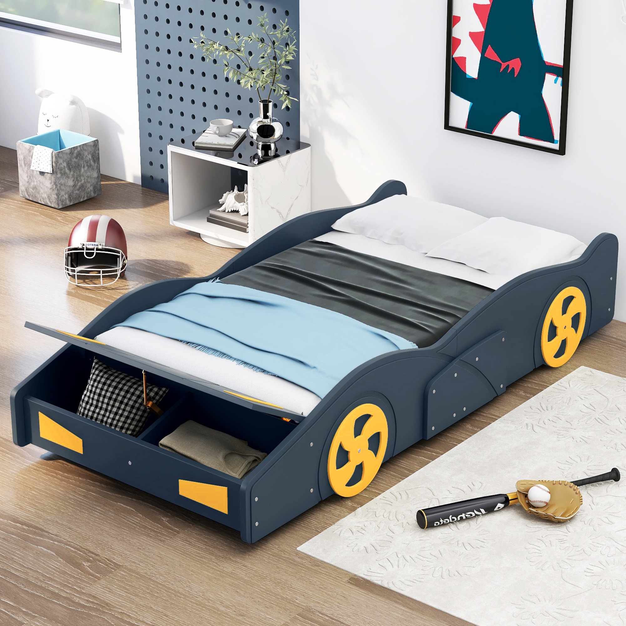 Euroco Car-Shaped Twin Size Platform Bed with Tires and Storage Cabinet for Kids Bedroom, Black