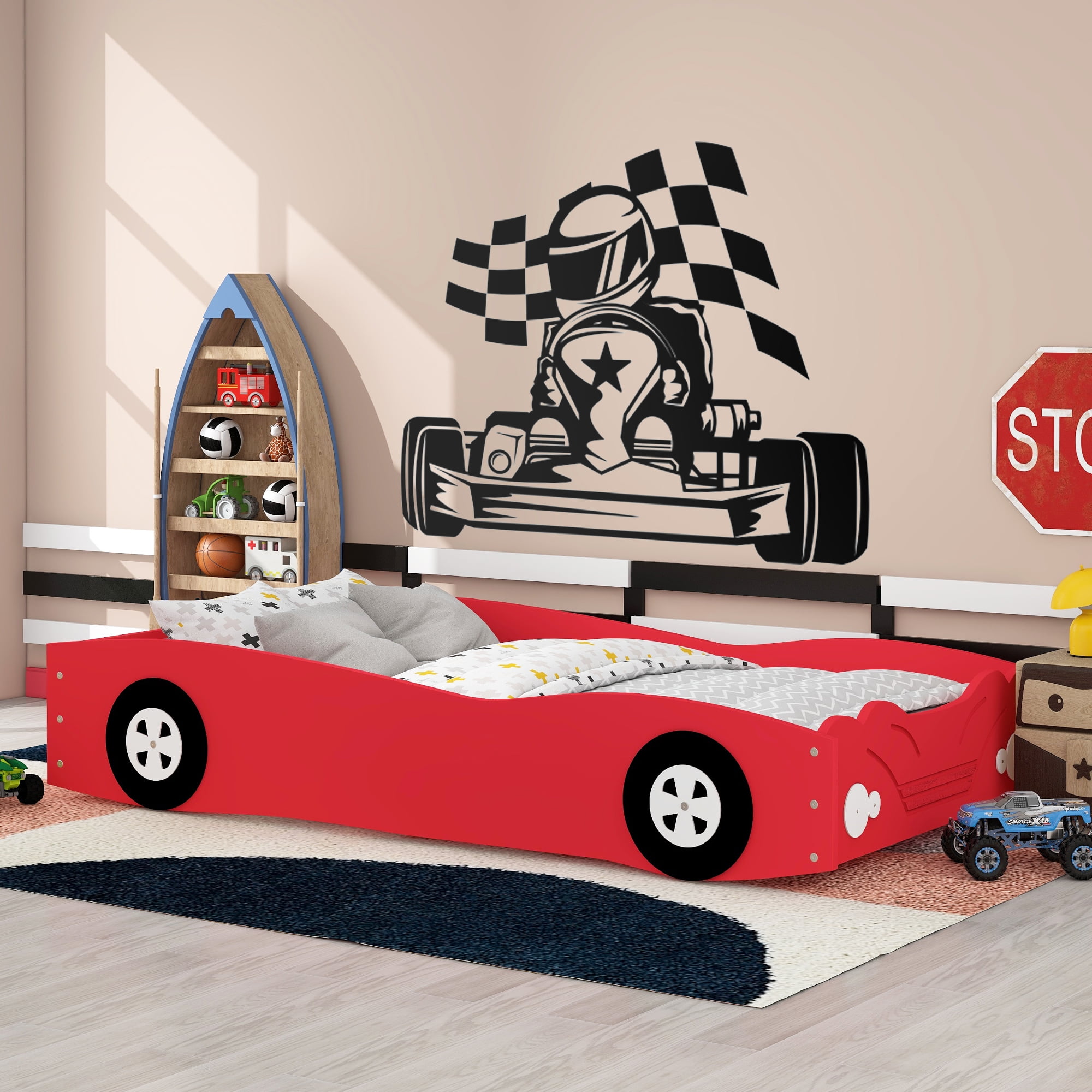 CarShaped Twin Size Platform Bed with tires for Kids, Red
