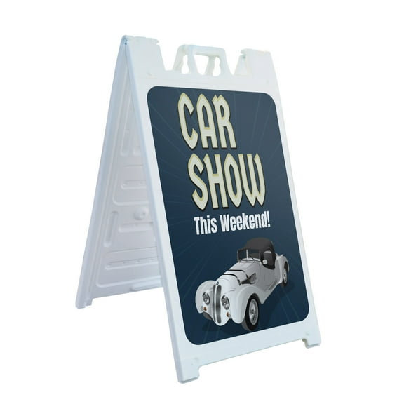 Car Show  24" x 36" Double Sided A-Frame Sidewalk Sign, Includes 2 Plastic Inserts | Foldable Portable White Signicade Sandwich Board Signs