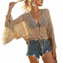 Women Crochet Cardigan - Tie Front Hollow Out Long Sleeves Summer Knit Cover - M