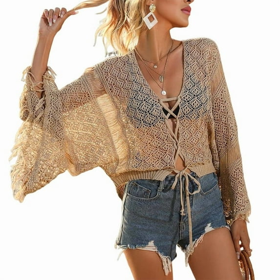 Women Crochet Cardigan - Tie Front Hollow Out Long Sleeves Summer Knit Cover - M