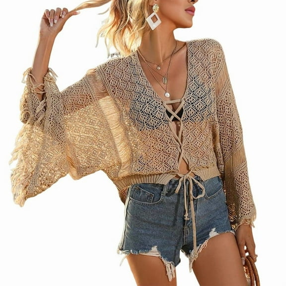 Women Crochet Cardigan - Tie Front Hollow Out Long Sleeves Summer Knit Cover - M