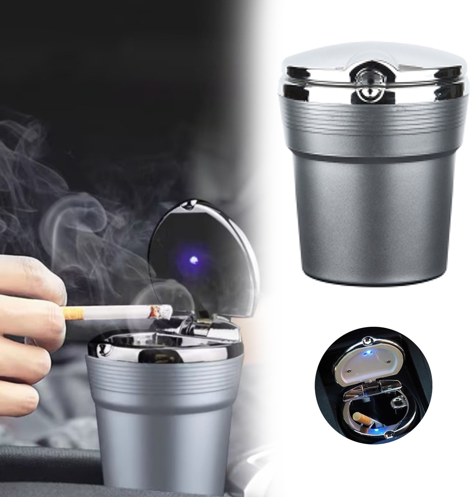 Car Smokeless Ashtray, Silver LED Cool Light Indicator Travel Auto ...