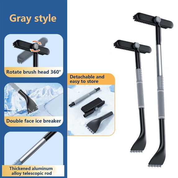 Car Snow Shovel Brush, 3 In 1 Telescopic Detachable Snow Brush Ice Scraper Rotating Head Design, Fast Snow Frost Removal Scratch Free, Winter Auto Cleaning Tool for Cars SUVs Bicycles-Gray