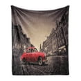 thumbnail image 1 of Car Soft Flannel Fleece Blanket, Retro Car on Cobblestone Historic Old Town in Rain Marketplace Square Night, Cozy Plush for Indoor and Outdoor Use, 70" x 90", Vermilion Brown Beige, by Ambesonne, 1 of 5