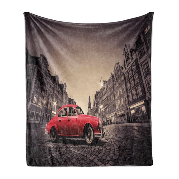 Car Soft Flannel Fleece Blanket, Retro Car on Cobblestone Historic Old Town in Rain Marketplace Square Night, Cozy Plush for Indoor and Outdoor Use, 70" x 90", Vermilion Brown Beige, by Ambesonne