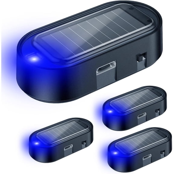 Car Solar Power Simulated Dummy Alarm, Anti-Theft LED Flashing Security Light Fake Car Alarm, Automotive Warning Interior Safety Light with USB Charging Port, Car Accessories(Blue Light, 4PCS)
