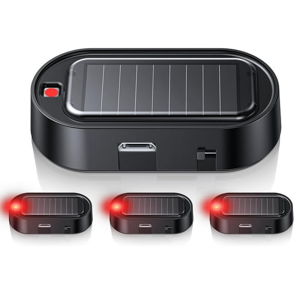 Car Solar Power Simulated Dummy Alarm, Vehicles Security Anti-Theft LED Flashing Fake Lamp with Light Sensor, Car Alarm Light for SUV, RV, Truck (4PC,Red)