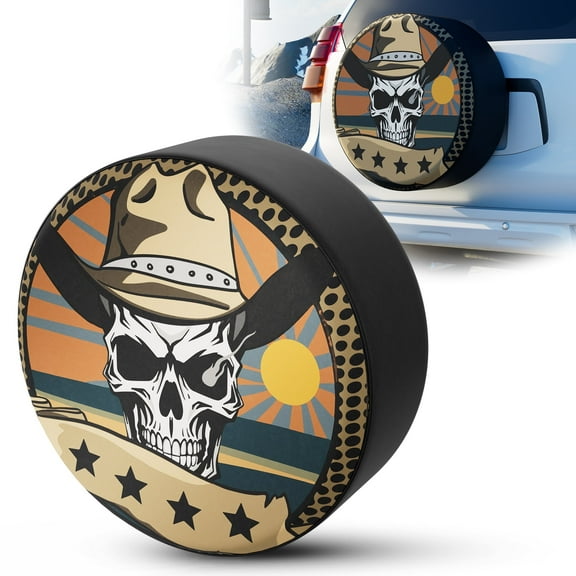 Car Spare Tire Cover PVC Leather SUV Pickup Truck Off-Road Tire Cover Outside Tire Cover Spare Tire Cover Cowboy Skull Pattern (15 inch for Tire Diameter 27"-29")