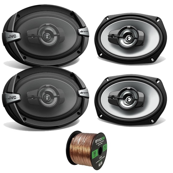Car Speaker Bundle Combo: 2 Pairs of JVC CS-DR693 6x9" Inch 4-Way 500 Watt Audio Coaxial Upgrade Speakers + Enrock 50 Foot 16 Gauge Speaker Wire