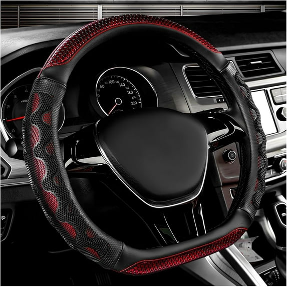Car Steering Wheel Cover, 15 Inch Leather D-Shaped Steering Wheel Protector with 3D Honeycomb Comfy Grip, Breathable Anti-Slip Steering Wheel Cover for Most Car, SUV, Truck