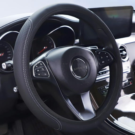 Car Steering Wheel Cover, 15 inch Microfibe Leather Soft, Anti-Slip, Breathable Comfort, Universal Size Elastic Car Accessory for Most Cars (Grey Line)