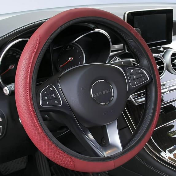 Car Steering Wheel Cover, 15 inch Microfibe Leather Soft, Anti-Slip, Breathable Comfort, Universal Size Elastic Car Accessory for Most Cars (Wine Red)